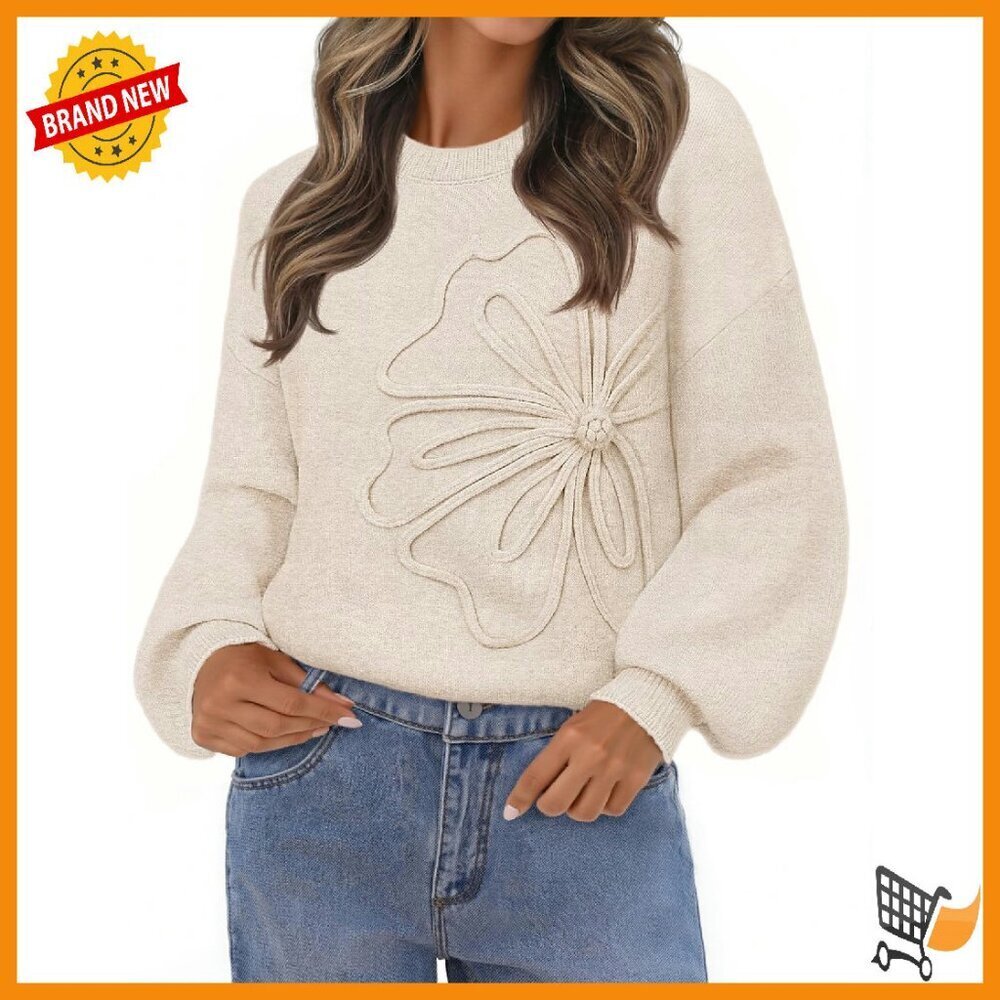 Winter Floral Sweater Lantern Sleeve Chunky Oversized Pullover